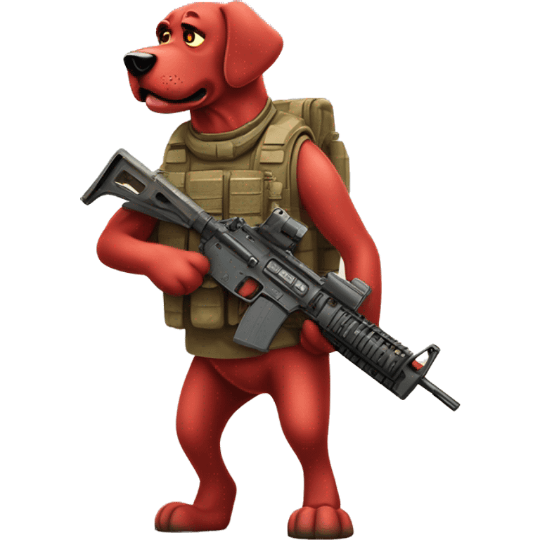 Desert storm Clifford the big red dog book illustration humanoid as a military call of duty character standing alone emoji