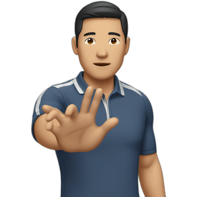 Asian man, coach, shows stop with his hand emoji