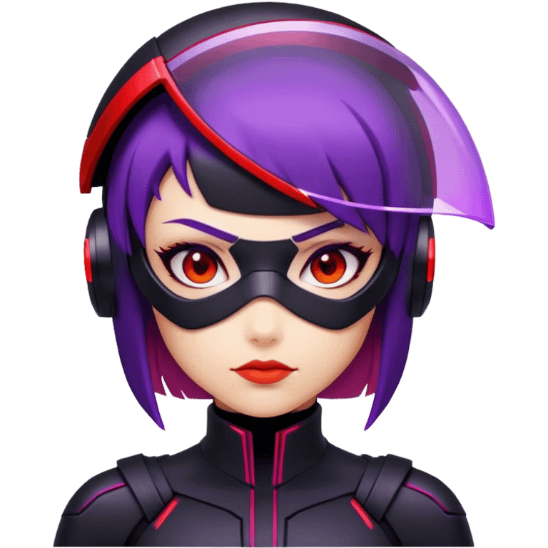 A futuristic assassin with a sleek black suit, short purple hair, and glowing red visor emoji