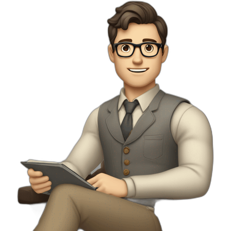 Pale skinned Fit Man With dark brown hair in gray jacket, beige office shirt, Brown pants and vintage glasses sitting In a soft chair with a notebook on spring with emblem Ψ and a pen emoji