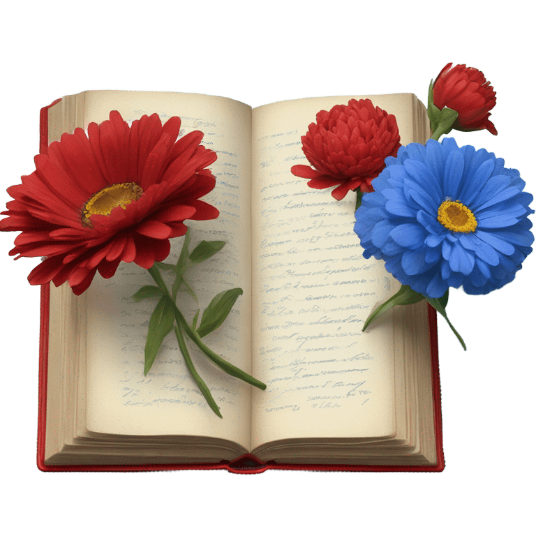 Aesthetic red vintage style book and a bouquet of red daisies and blue peonies in a blue glass vase  emoji