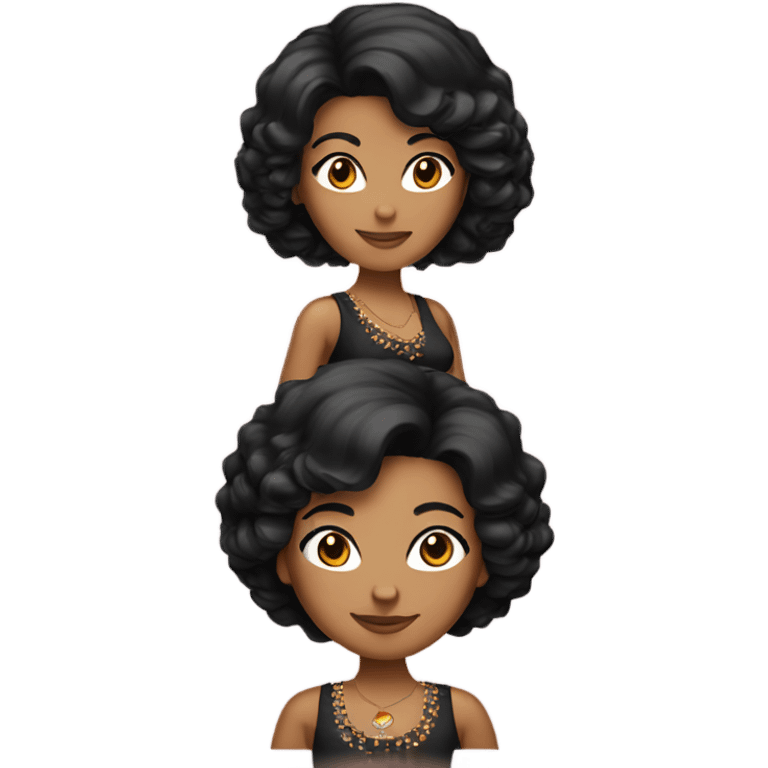 Tanned woman with black hair wearing 1970s style outfit and hair emoji