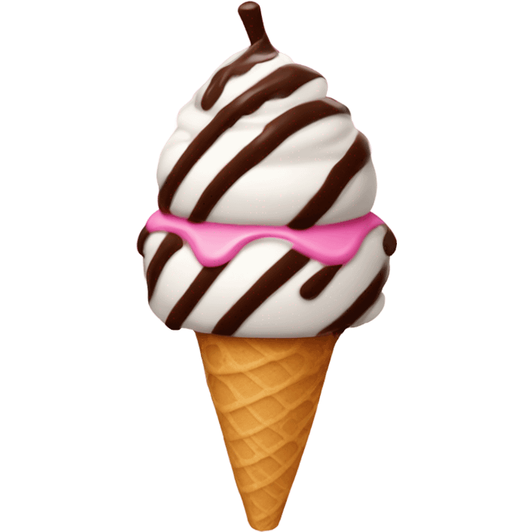 icecream with chocolate drizzle and a pink stripped straw right in the middle of it emoji