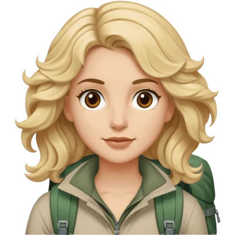 Blonde model with brown eyes, wavy hair, hiking fashion  emoji