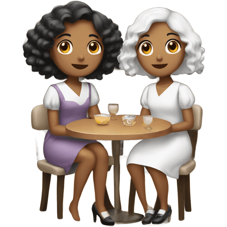 Three girls in New Year's dresses. The first one with black hair. The second one has white hair. The third one has brown hair. They're sitting in a restaurant. emoji