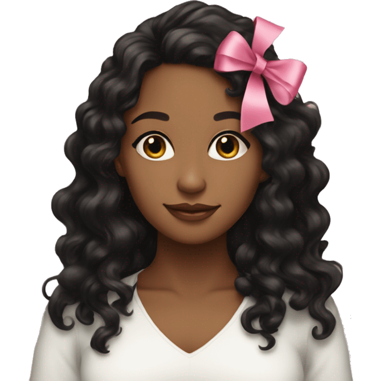 pretty brown woman with long mid length black curly hair with pink ribbon  emoji