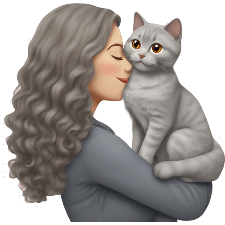 British shorthair grey cat kissing red wavy long hair white woman emoji