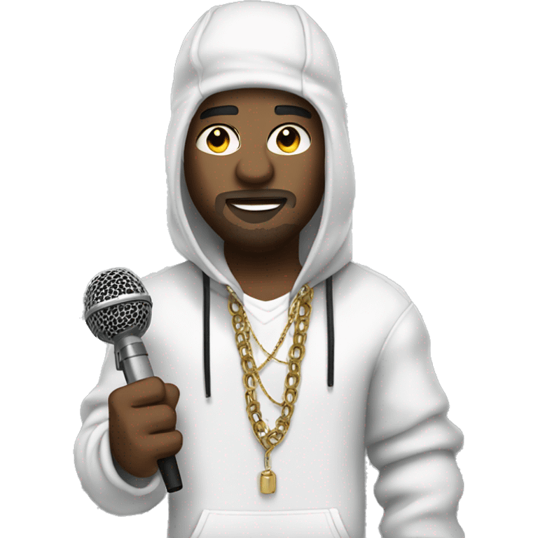 a rapper with a mic in his white , dressed like a rock member emoji