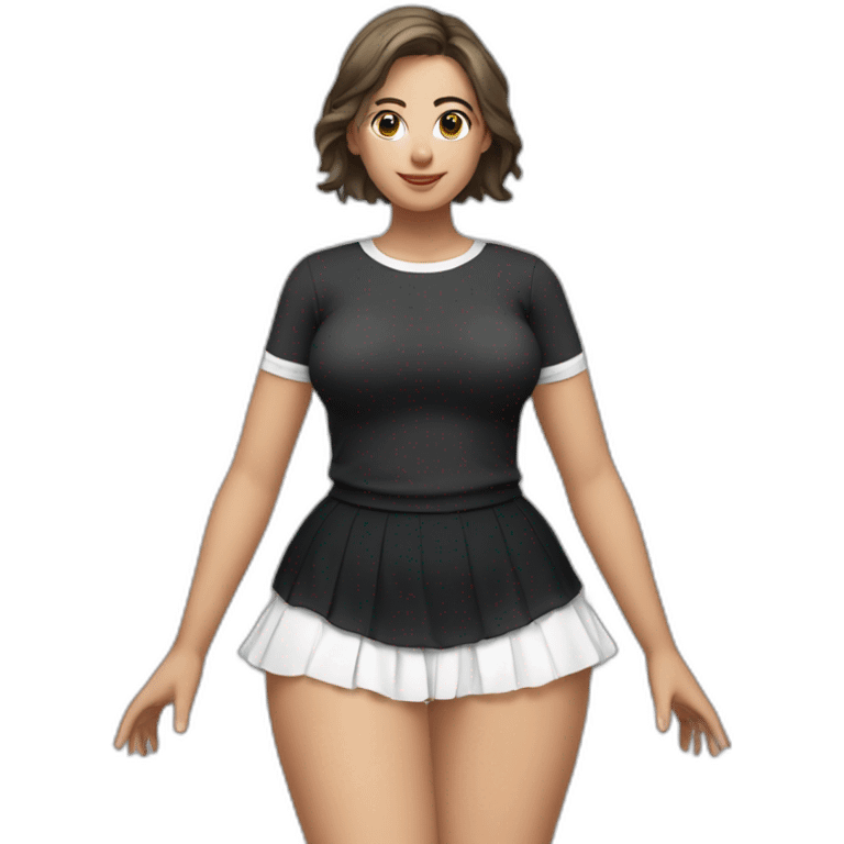 Front view full body curvy caucasian beauty sitting straight hands up black skirt white knickers white socks emoji