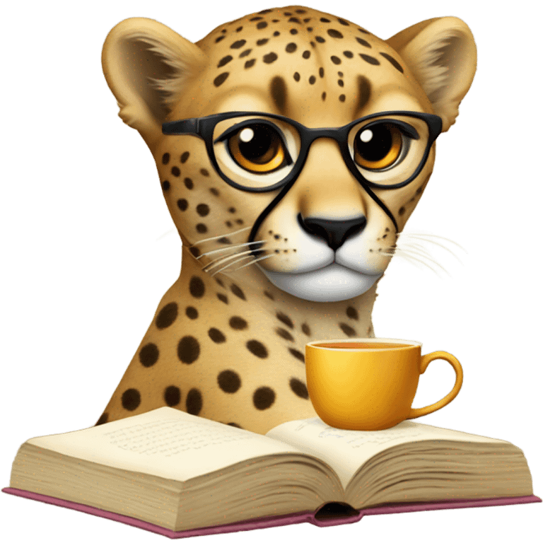 Cheetah with glasses tea and a book emoji