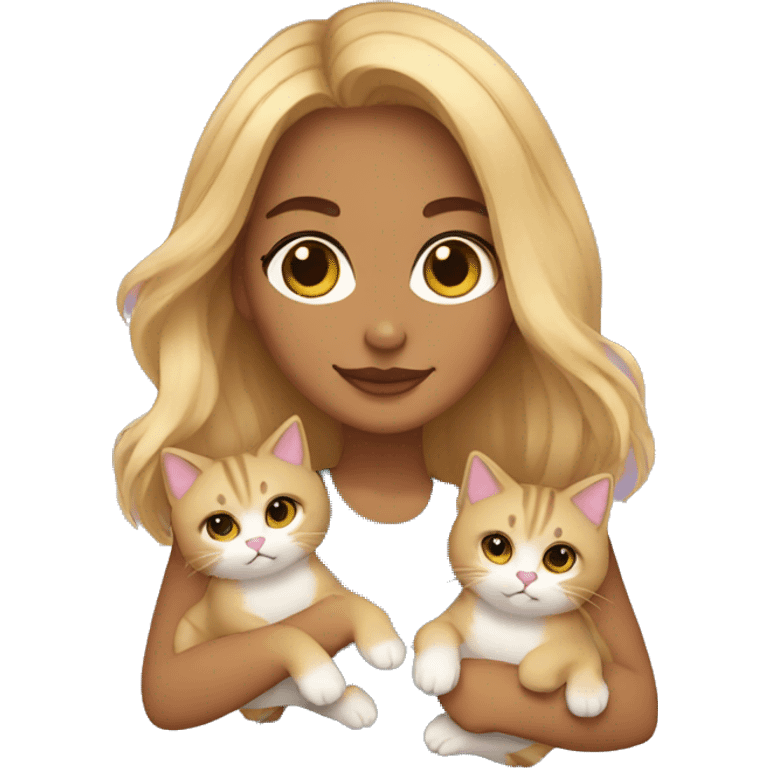 Blonde woman with shoulder length hair, brown eyes and light olive skin tone holding 5 kitten cats emoji