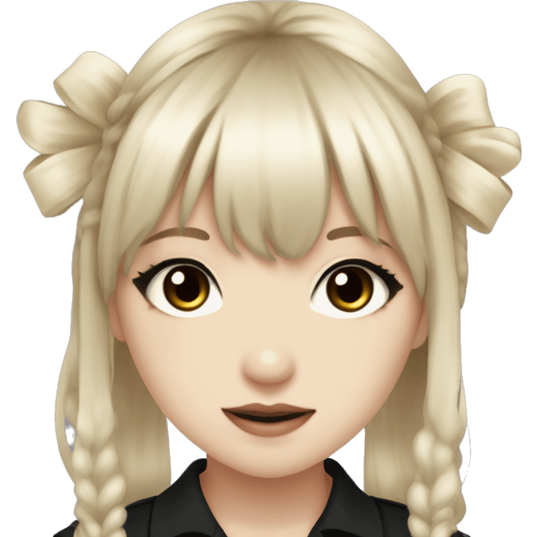 hime gyaru girl, pale skin with brown eyes and black hair with bangs, bows, dark makeup, black shirt emoji