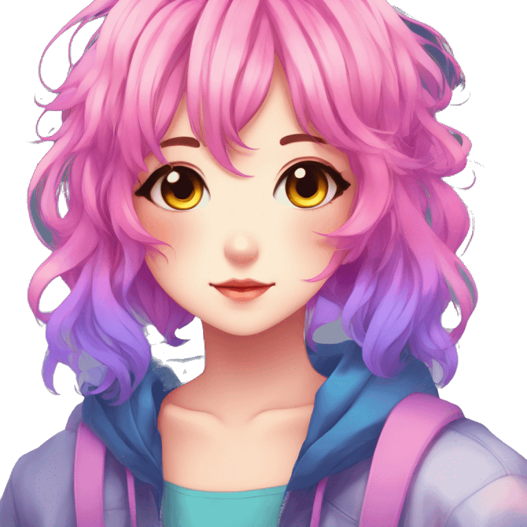 Gorgeous anime style shojo character with blushing face aesthetic and pretty colorful shiny gradient neon hair with hair garment trending style emoji