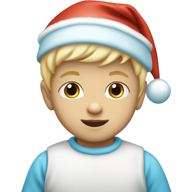 Blonde baby boy with light blue Santa hat emoji