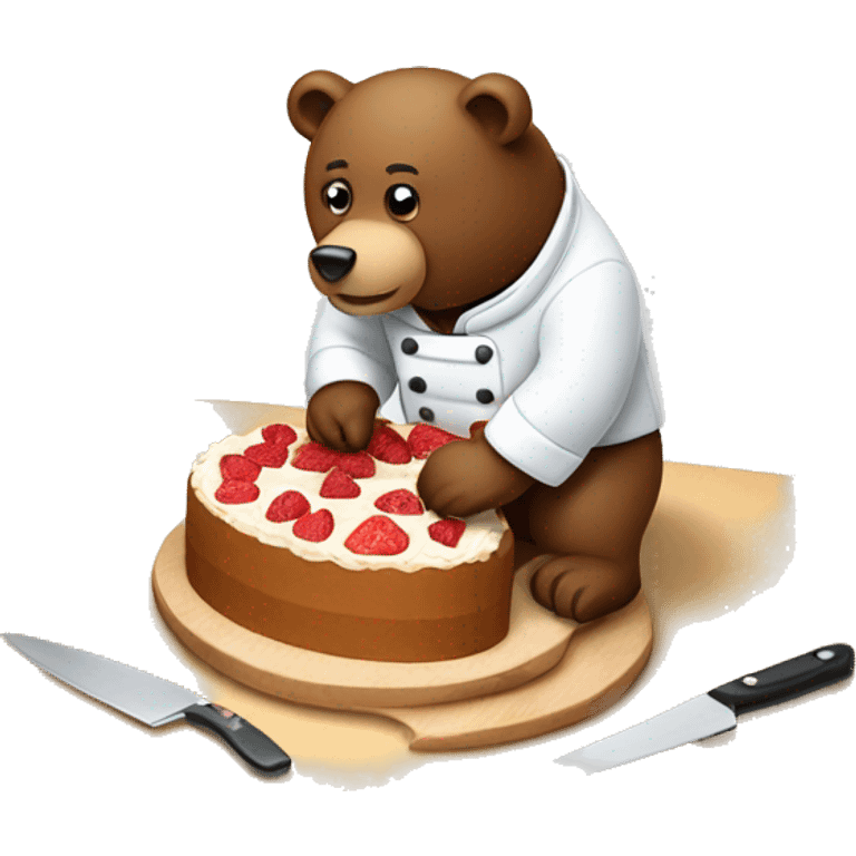 a bear chef slicing a cake on a cutting board, the cake cut into multiple slices already emoji