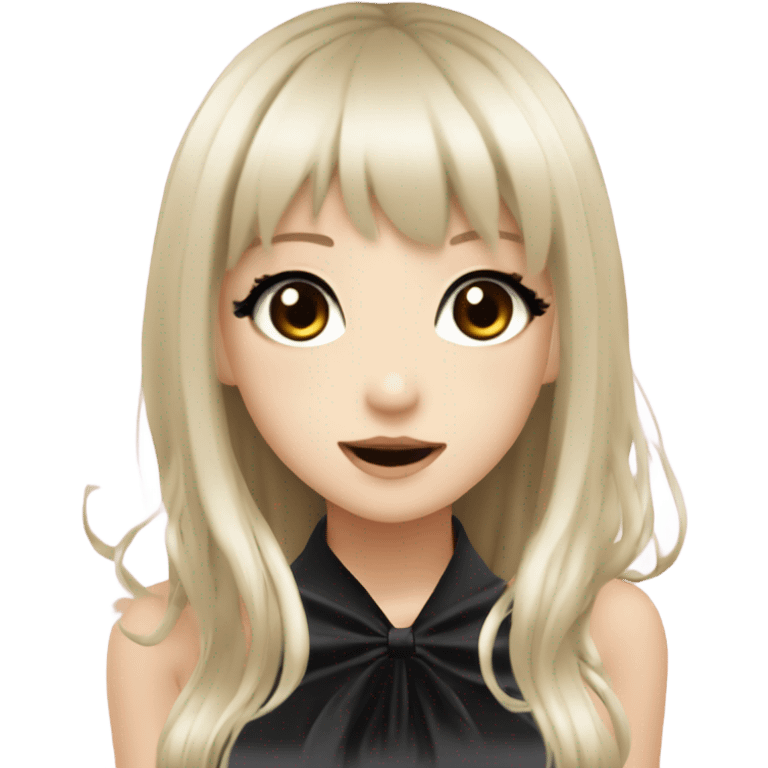 hime gyaru girl with LONG SILKY BLACK HAIR, with black satin halter top with chest, very pale skin and pretty brown monolid eyes emoji