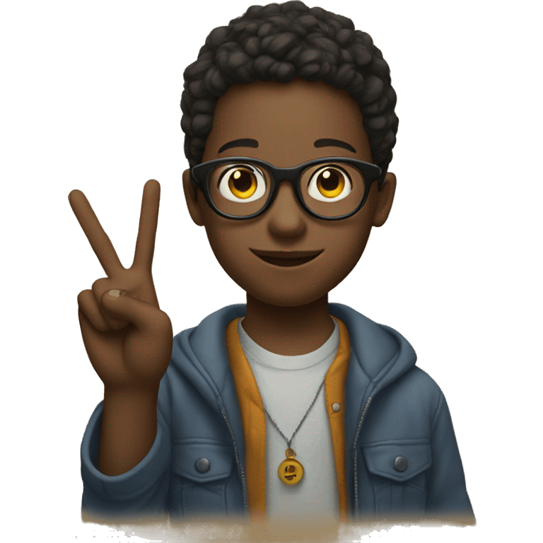 portrait of a boy with glasses holding up a peace sign with his fingers emoji