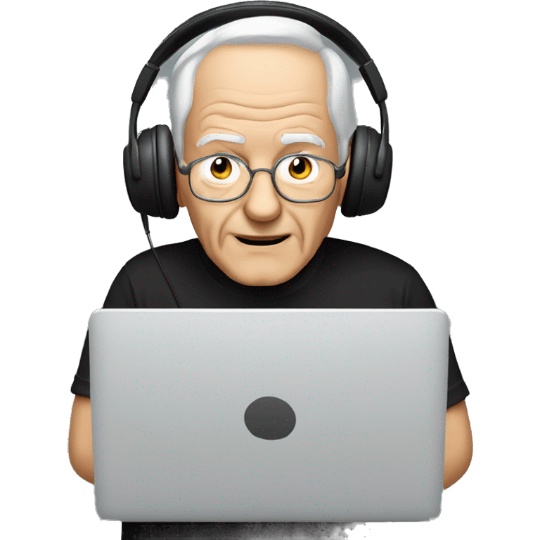 old man in black t-shirt playing on PC with heaset   emoji