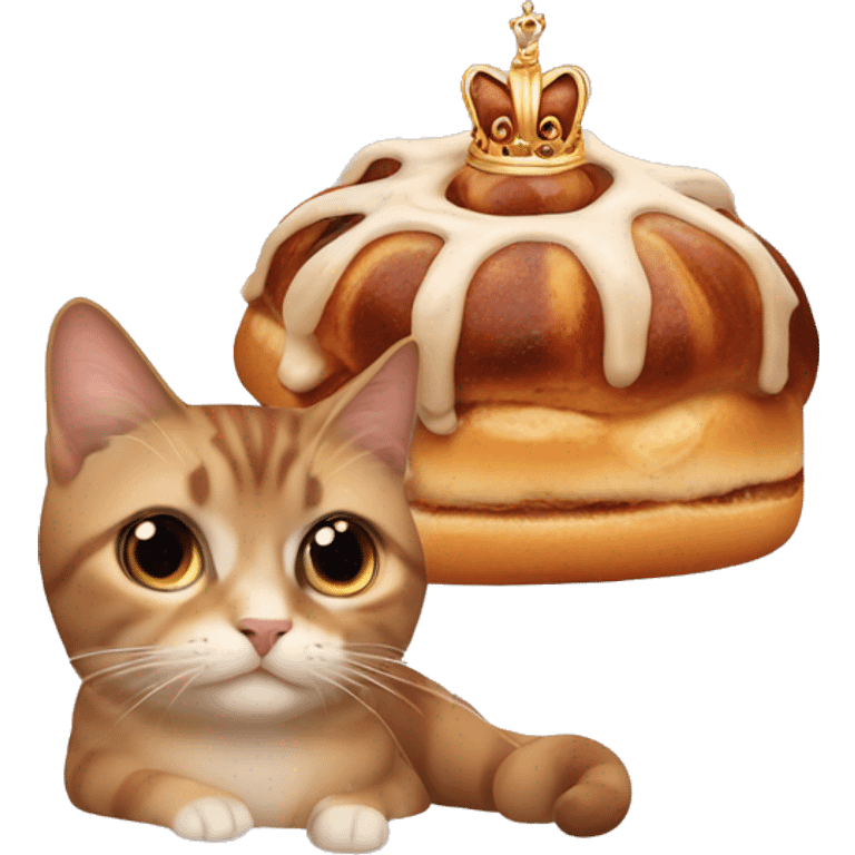 Cinnamon bun with a queen’s crown petting a cat emoji