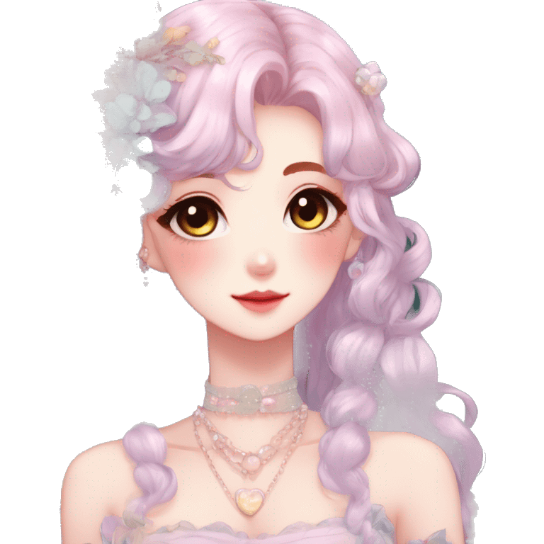 Gorgeous anime style lady with blushing face and accessories cottagecore fairycore Kawaii anime colorful pearly romantic aesthetic trending style emoji