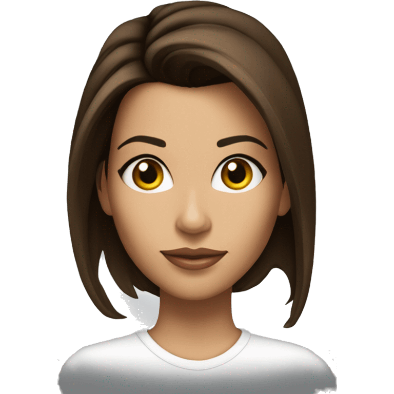 3/4 face, contrasted, shadow, light, Eva Longoria expression, standing, thin nose, brunette woman, hazel eyes, long eyelashes, dark shoulder shaded hair, white t-shirt, jeans, white sneakers emoji