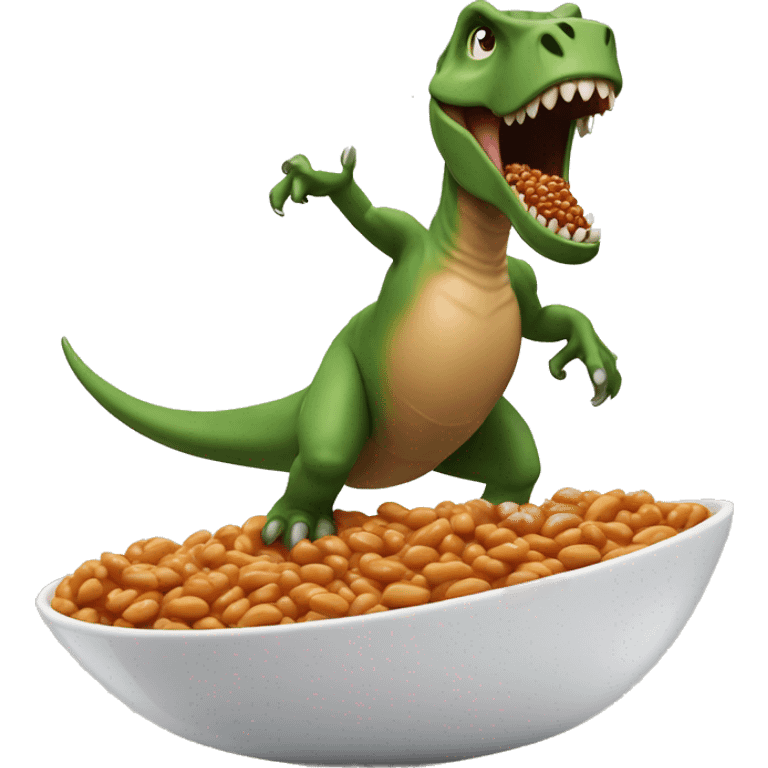 Dinosaur surfing on baked beans emoji