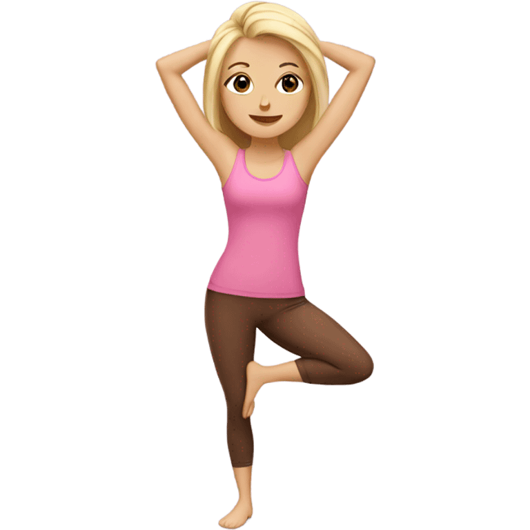 Blonde lady doing yoga with a pink top and brown leggings emoji