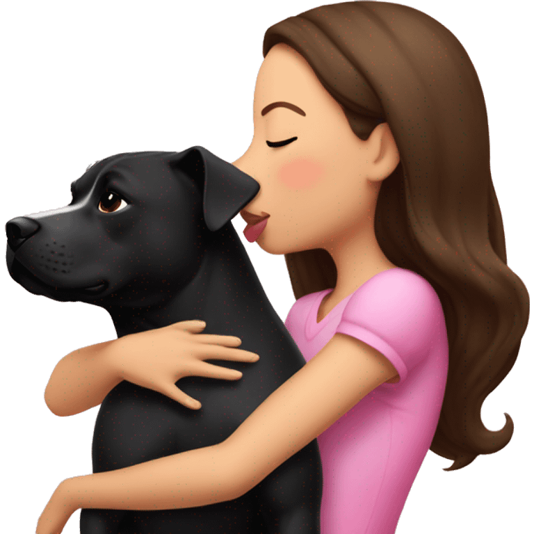 Brunette kissing big black pitbull dog, pink hearts emoji