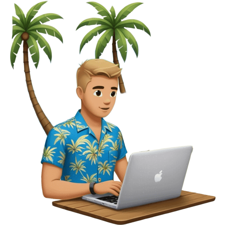 A digital nomad in bali working on a laptop wearing a tropical blue shirt with a palm tree on the side emoji