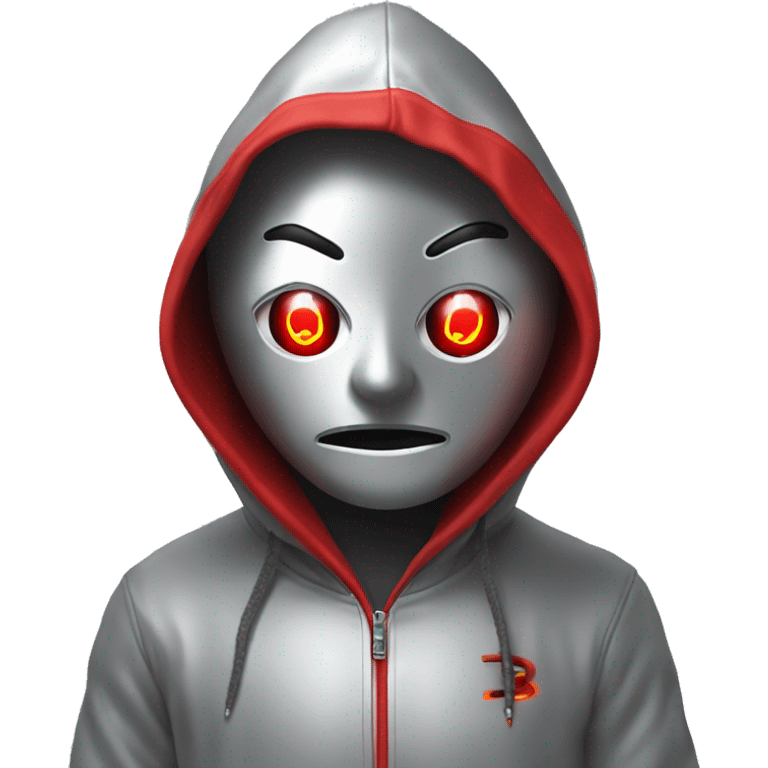 A silver human with red laser beam coming out of eyes , wearing a hoodie with red bitcoin logo emoji