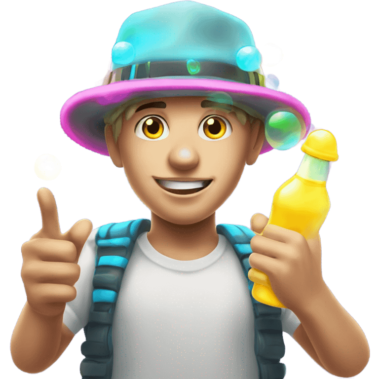 Caucasian boy at rave wearing a glowing outfit and hat with bubble guns in each hand emoji