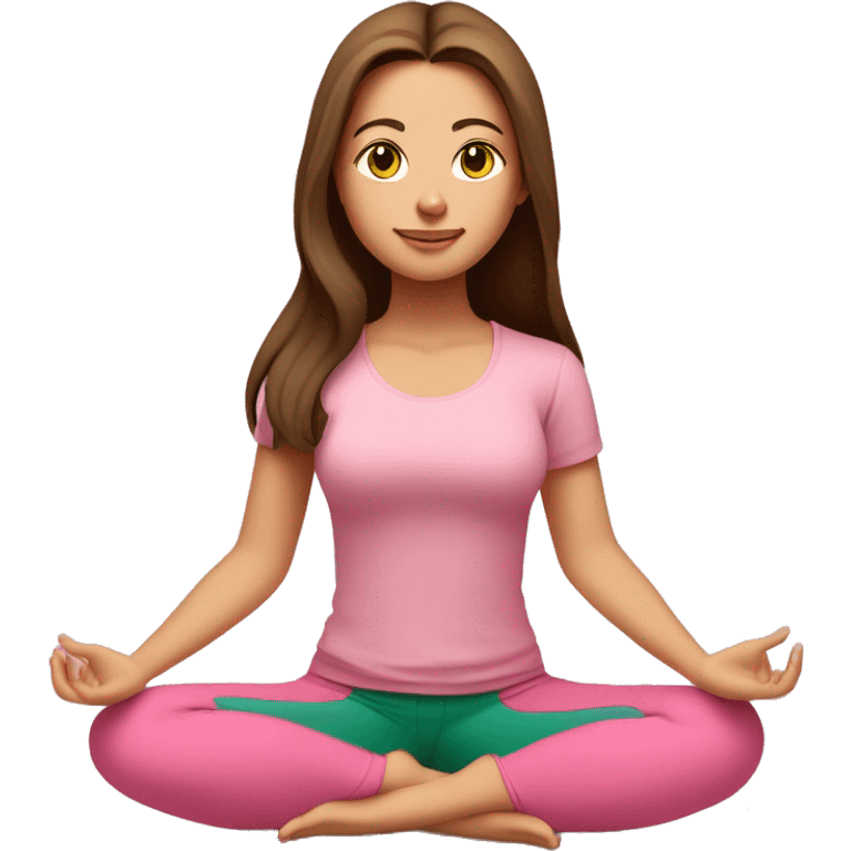 A girl with brown long hair, fair skin and green eyes is meditating in a relaxed lotus position in a comfortable pink top and pink leggings emoji