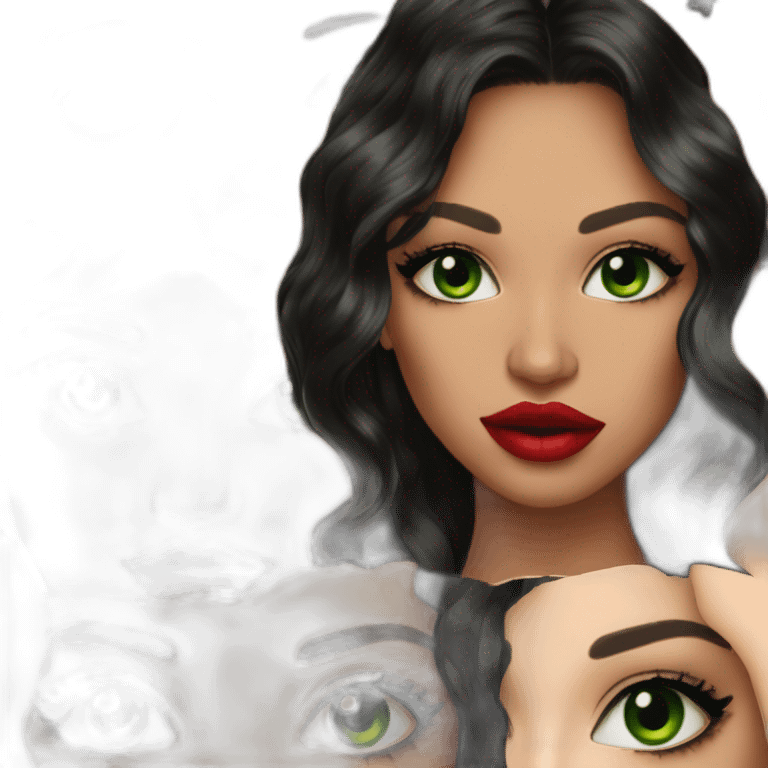 beautiful woman, green eyes, black long wavy hair, tawny skin, big lips, red lipstick, great makeup emoji