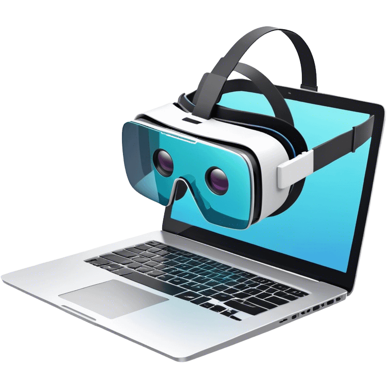 VR headset lying next to a laptop, connected by wires. On the laptop screen a VR/AR modeling program is opened. Floating 3D models or virtual objects. Modern, tech-inspired colors. No emojis or smiley faces. Transparent background. emoji