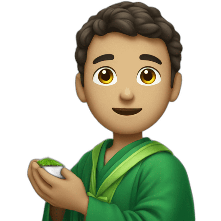 a student in a green robe with a green sprout in his hands. emoji