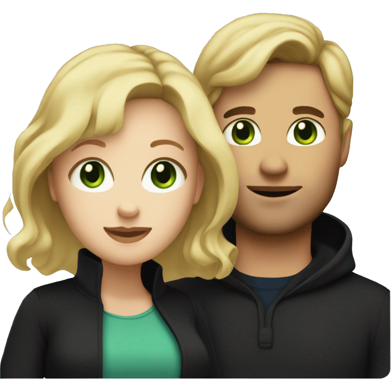 Pregnant blonde with a wavy bob and green eyes with brown haired husband with blue eyes both wearing black clothes emoji