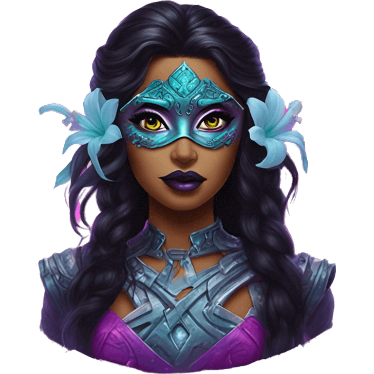 Synthwave jasmine in Lordi style, oil paint, epic eyes, intricate lips, exquisite pose, beautiful, desirable, logical emoji