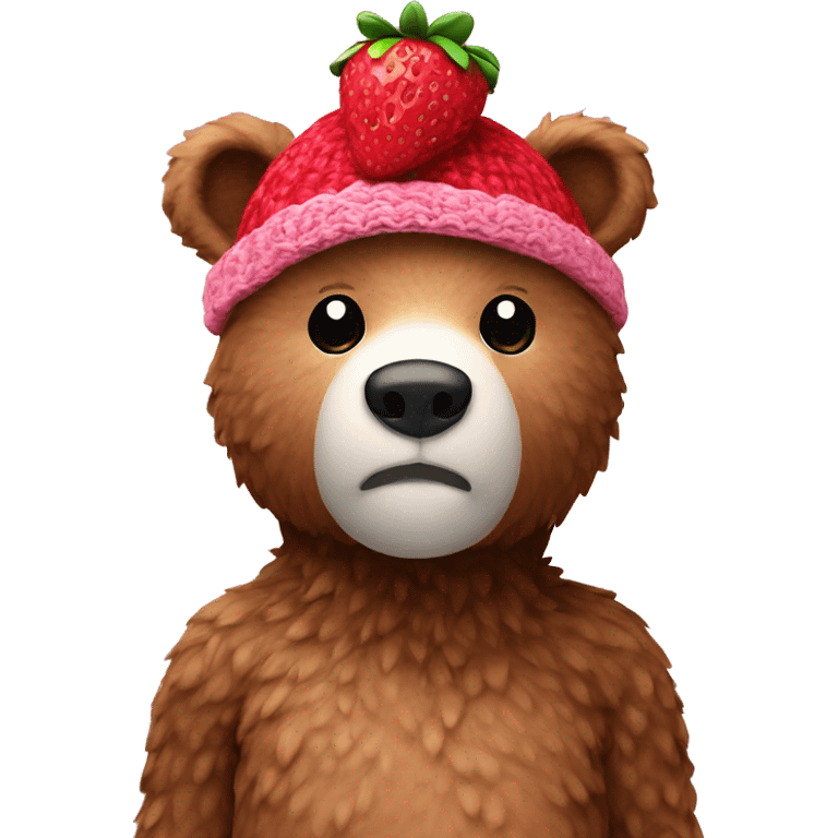 Bear wearing strawberry crochet hat emoji