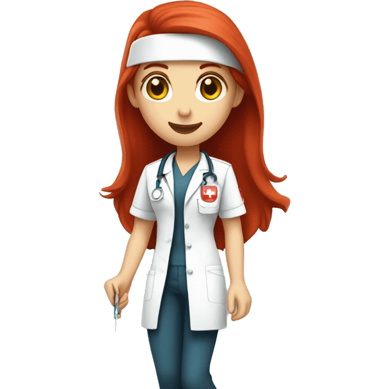 nurse with bright long straight red hair, with amber eyes, shes wearing a nursing uniform that is white with a little red logo of UL...shes holding a needle emoji