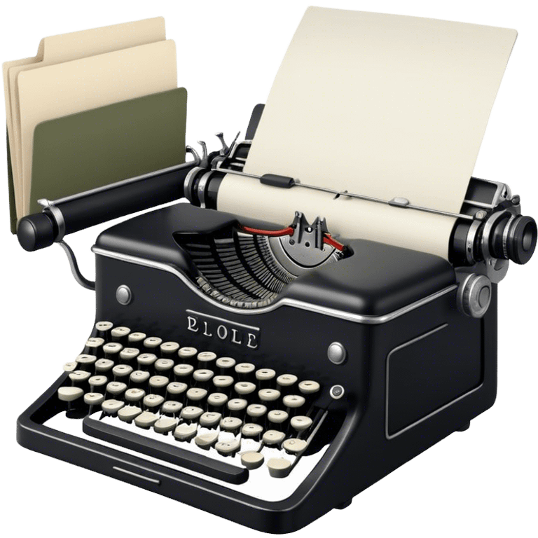 Create an emoji representing screenwriting. The design should feature an open script with visible dialogue and action lines, symbolizing the writing of a screenplay. Include a classic typewriter or modern writing device, such as a laptop, to signify the creative process. Place an old-style film camera next to the script to emphasize the cinematic connection. Use a professional color palette with black, white, and subtle metallic tones. Do not include any emojis or smiley faces. Make the background transparent emoji