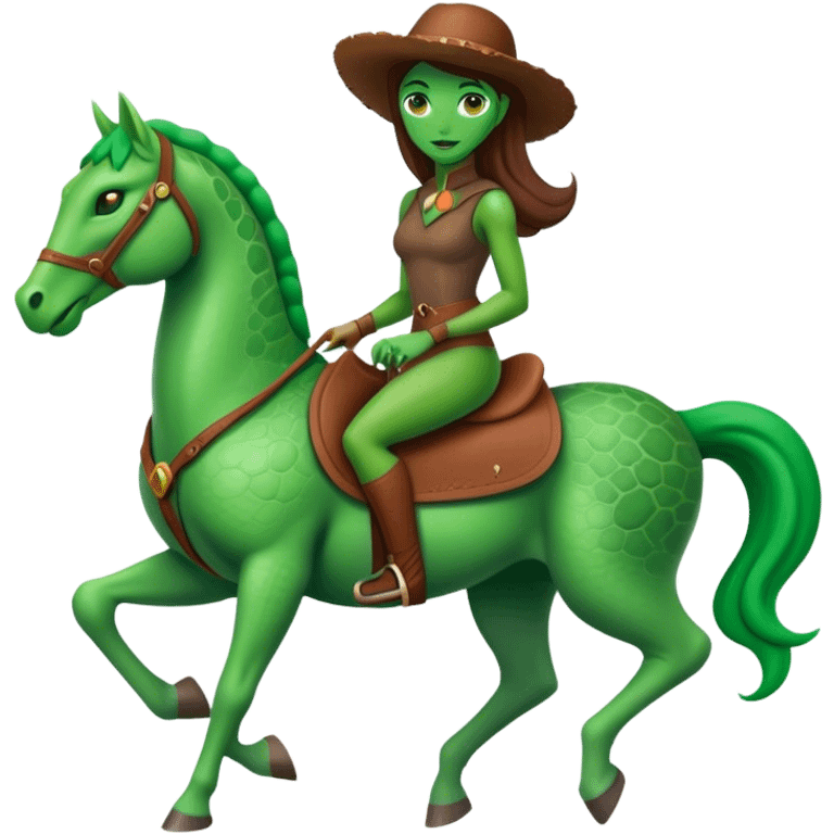 reptilian alien green woman, rides brown horse
 emoji