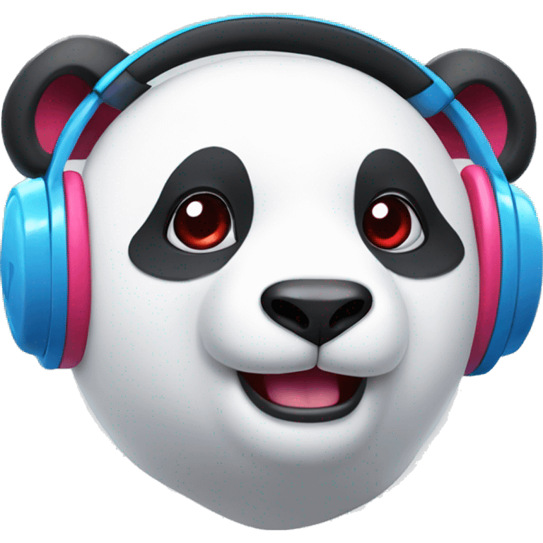 white panda, wit red ears, with red blue pink headphones, with one button eye emoji