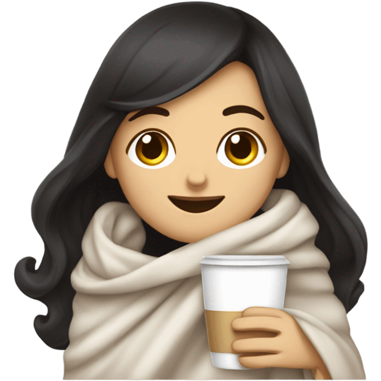 Black-haired white girl inside a blanket sipping coffee eyes closed emoji