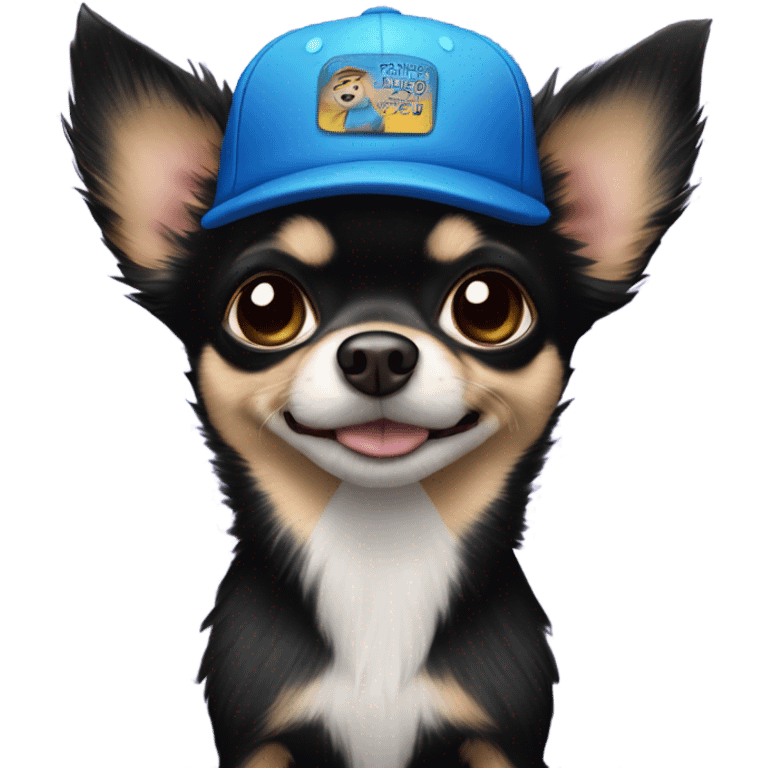 cute black long fur Chihuahua held by old blue eyes man with goatee and ball cap emoji