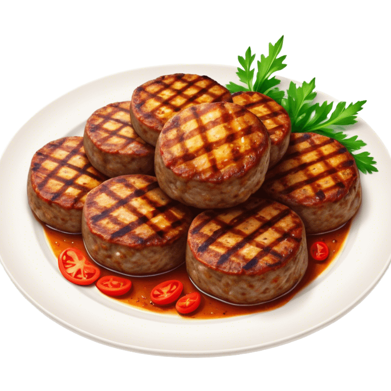 Cinematic Realistic image of Turkish Köfte, presented as perfectly formed, spiced meat patties with detailed textures and subtle grill marks, arranged artfully on a simple plate and illuminated by warm, appetizing lighting that accentuates their savory appeal. emoji