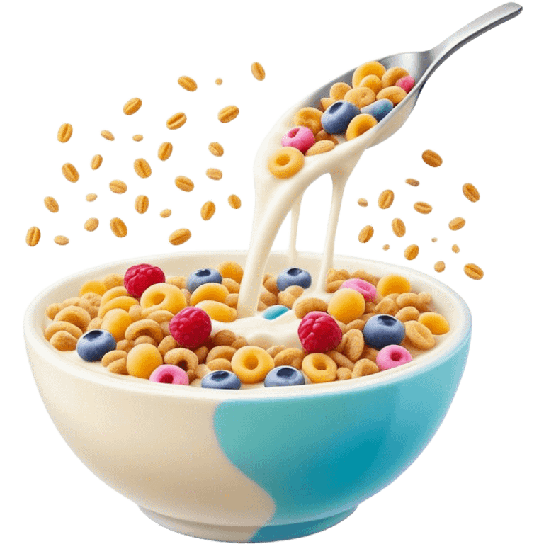 Cinematic crunchy cereal, vibrant and colorful, splashing into a bowl of cold milk, soft glowing background, dynamic movement, playful and inviting, nostalgic and fun. emoji