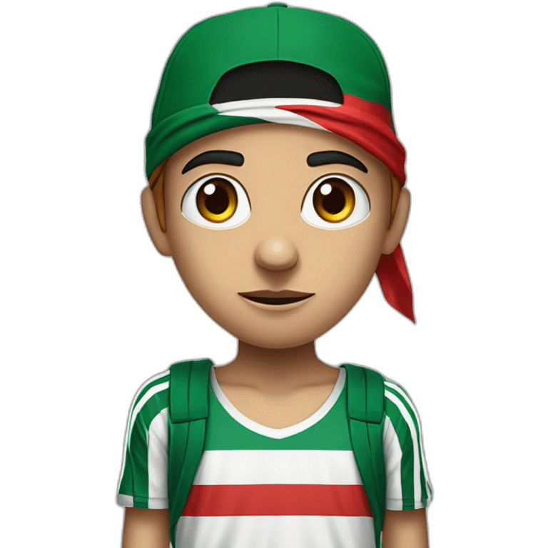 An angry and upset boy wearing Adidas three-striped pants and a shirt that says "Free Palestine" and an Islamic hat with the Palestinian flag painted on his face. emoji