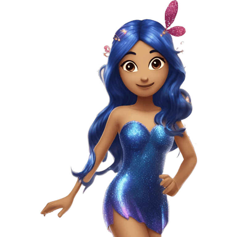 Musa asian adult fairy of music in her enchantix fairy red sparkling two-piece clothing and fairy enchantix wings and long dark blue hair from winx club. Lots of sparkles and fairydust. Full body pic and full fairy bliss emoji