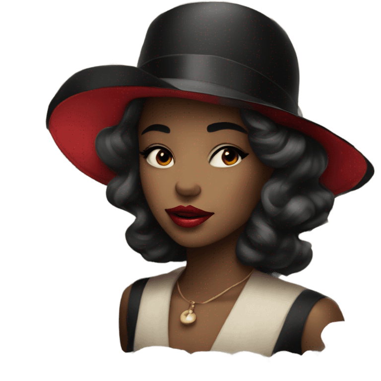 beautiful vintage girl in a hat black with red lipstick emoji