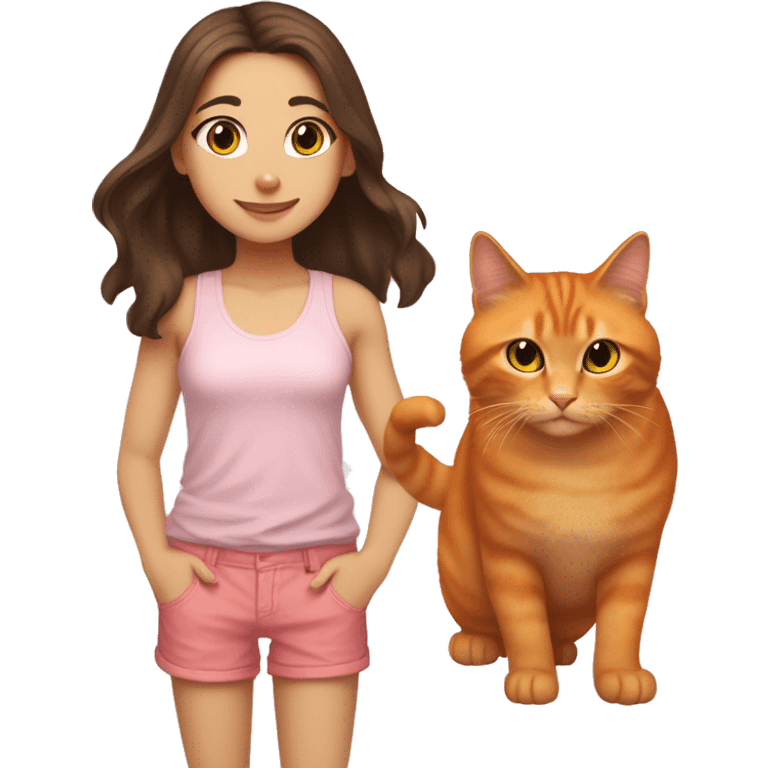 a white girl white hazel eyes and long dark brown hair petting her orange cat, the cat that is orange has yellow eyes. she is wearing a pink tank top with light wash shorts. make them both smiling.  emoji